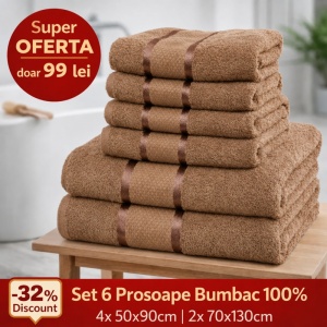 Set 6 Prosoape Bumbac 100% Maro/Camel – 4 Față/Mâini + 2 Corp S93