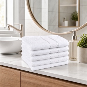 Set 5 Prosoape - albe, Bumbac 100%, - 50x90 cm. Ideale pentru Față și Mâini, Uscare Rapidă și Textură Pufoasă - 420g/mp - S84