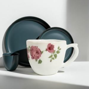 Set 6 farfurii si 6 cesti opal + 6 tacamuri inox Bujor - Img 3