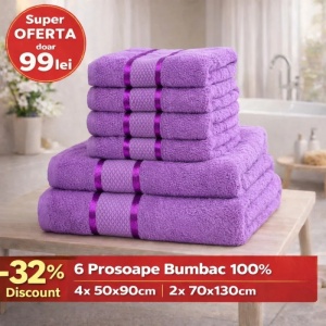 Set 6 Prosoape Bumbac 100% Mov – 4 Față/Mâini + 2 Corp S59