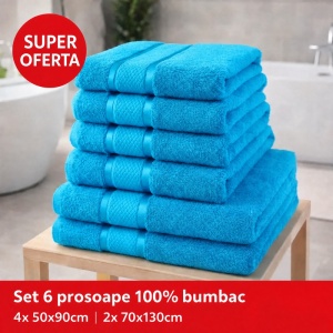 Set 6 Prosoape Bumbac 100% Turcoaz – 4 Față/Mâini + 2 Corp S57