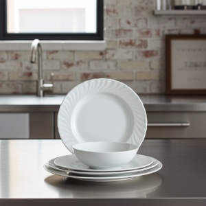 Set 6 farfurii si 6 cani opal+ 6 tacamuri inox albe - Img 3