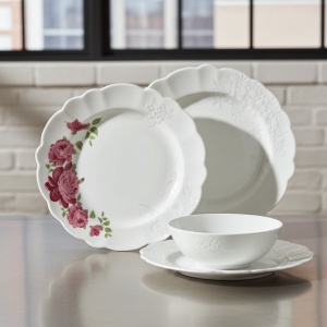 Set 6 farfurii si 6 cesti opal + 6 tacamuri inox Bujor - Img 6
