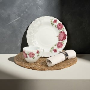 Set 6 farfurii si 6 cesti opal + 6 tacamuri inox Bujor