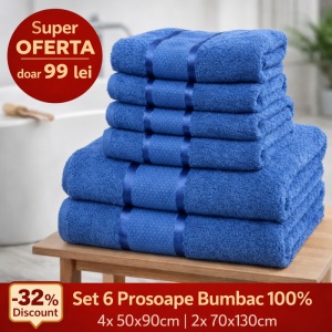 Set 6 Prosoape Bumbac 100% Albastru – 4 Față/Mâini + 2 Corp S74