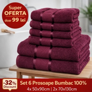 Set 6 Prosoape Bumbac 100% Bordo – 4 Față/Mâini + 2 Corp S94
