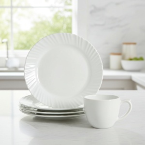 Set 6 farfurii si 6 cesti opal + 6 tacamuri inox albe