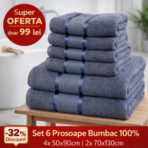 Set 6 Prosoape Bumbac 100% Gri inchis – 4 Față/Mâini + 2 Corp S60