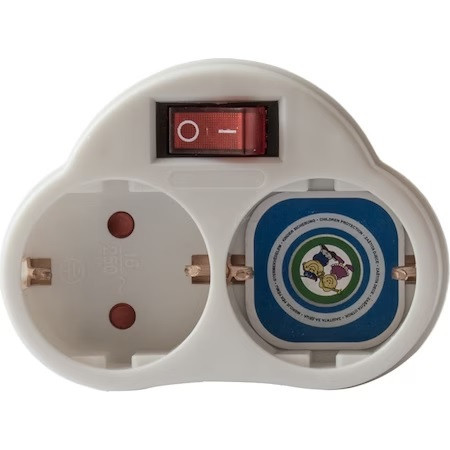 Adaptor dublu cu intrerupator Commel, protectie copii, intrerupator, 16A, 250V, Alb