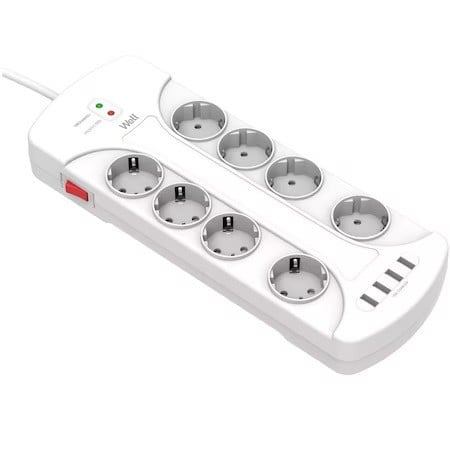 Prelungitor Well cu protectie, 8 prize, 4 porturi USB, 3 m, cablu 3 x 1.5mm, Alb