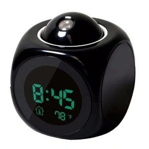 Ceas de camera cu proiectie pe tavan, alarma, negru