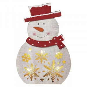 Decoratiune Craciun, Om de zapada, Alb, Rosu, Lemn, Emos, 30cm, 5 LED 2XAA, Lumina Calda