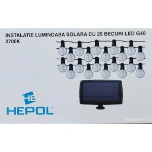 Ghirlanda luminoasa LED cu panou solar Lohuis, pentru exterior, 25 becuri filament LED G40, 7.6m, acumulator 18650, 2700K - Img 3
