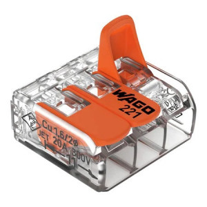 Clema Wago pentru conductor flexibil, din plastic, 3 poli, amperaj 32 A, tensiune alimentara 450 V, clasa de protectie IP 20, 0.2-4 mmp, 18.8x18.6x8.4 mm, transparent