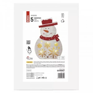 Decoratiune Craciun, Om de zapada, Alb, Rosu, Lemn, Emos, 30cm, 5 LED 2XAA, Lumina Calda - Img 3