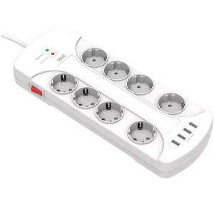 Prelungitor Well cu protectie, 8 prize, 4 porturi USB, 3 m, cablu 3 x 1.5mm, Alb