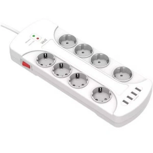 Prelungitor Well cu protectie, 8 prize, 4 porturi USB, 3 m, cablu 3 x 1.5mm, Alb