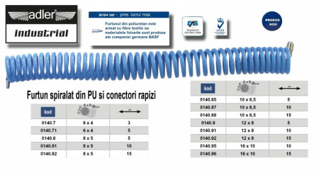 Furtun spiralat conectori aer comprimat din PU 6 x 4mm; 3m; 11-32 bari. ADLER AD0140.7