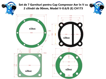 Set de 7 Garnituri set pentru cap compresor de aer V 2x90mm Mod.0.6-8 (E) CH173
