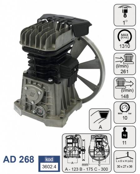 Cap compresor de aer cu 2 pistoane 261l 3kW/4CP 10 bari FIAC AD268 MA3602.4