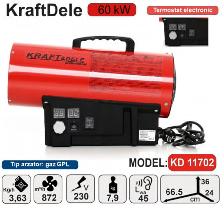 Tun caldura cu gaz GPL cu TERMOSTAT -60 kW KraftDele KD11702