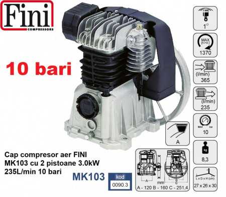 Cap compresor aer FINI MK103 cu 2 pistoane 3.0kW 235L/min 10 bari