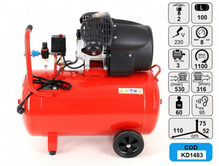 Compresor de aer industrial 100litri, 2 cilindri, 3kW, 220V 1483