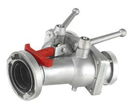 Distribuitor cu robineți cu bilă Mar-Pol 3 inch la 2x2 inch, pentru împărțirea fluxului de apă, intrare 75 mm și 2 ieșiri 52 mm