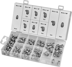 Set 110 nipluuri de ungere și smarowniczki KraftDele KD10507, M6/M8/M10, drepte, 45° și 90°, în cutie organizatoare
