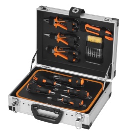 Set de scule KraftDele KD11353, 90 piese, în valiză din aluminiu, cu tubulare, chei, biți, șurubelnițe și clești