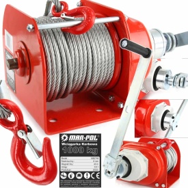 Troliu manual cu cablu 1000kg MAR-POL M80746 – lungime 40m, cablu 8mm, mecanism JHW cu frână ciernă