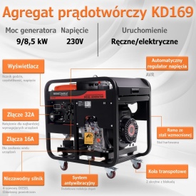 Generator electric monofazat diesel KraftDele KD169, 9 kW, 230V, priză 32A, AVR, pornire electrică și manuală - Img 3