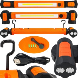 Lampă LED de atelier MaxRom V87525, 10W COB, 1000 lm, acumulator Li-Ion 2600 mAh, corp rotativ 360° cu magneți și cârlige