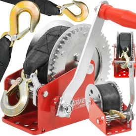 Troliu manual cu manivelă 850 kg, bandă 10 m și cârlig cu siguranță, pentru tractare, tensionare și fixare, MaxRom V87248