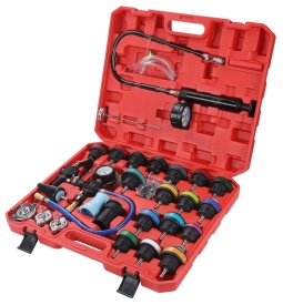 Trusă profesională pentru testarea etanșeității sistemului de răcire KraftDele KD12501 – 28 piese, Manometru 0-2.5 bar, Adaptor universal, Set complet