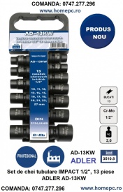 Set de chei tubulare IMPACT 1/2", 13 piese ADLER AD-13KW varianta scurta – Kraft&Dele