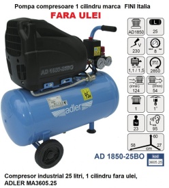 Compresor industrial 25 litri, 1 cilindru fara ulei, ADLER MA3605.25 – Kraft&Dele
