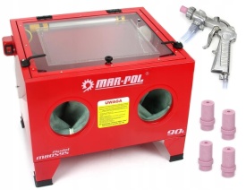 Cabină de sablare Mar-Pol 90L cu pistol, lampă 12V și 4 duze ceramice pentru curățare precisă a pieselor metalice