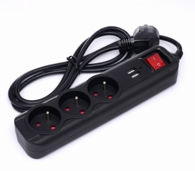 Prelungitor electric KraftDele KD4031 cu 3 prize, 2 porturi USB și cablu 1,5 m, cu protecție la suprasarcină