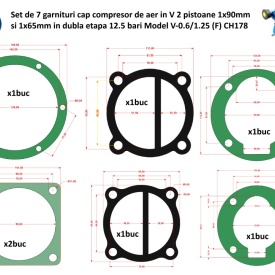 Set garnituri cap compresor de aer in V 2 pistoane 1x90mm si 1x65mm in dubla etapa 12.5 bari Model V-0.6/1.25 (F) CH178 - Img 1