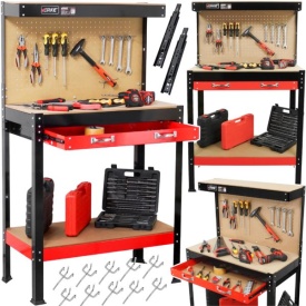 Masă de lucru atelier cu cârlige și sertar, 80 x 40 x 140 cm, blat din placaj, structură metalică MaxRom - Img 4