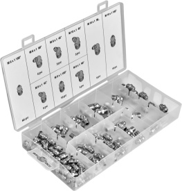 Set 110 nipluuri de ungere și smarowniczki KraftDele KD10507, M6/M8/M10, drepte, 45° și 90°, în cutie organizatoare - Img 2
