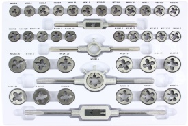 Set 110 piese de tarozi și filiere Mar-Pol în valiză metalică, pentru filetare metrică M2-M18 - Img 6