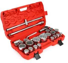 Set chei tubulare Mar-Pol 26 piese, 3/4 inch și 1 inch, 12 muchii, 21-65 mm, cu clichet, prelungitoare și valiză
