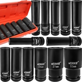 Set tubulare de impact lungi 1/2 inch, 13 piese, 10-32 mm, din oțel crom-vanadiu, cu valiză, MaxRom