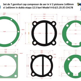 Set garnituri cap compresor de aer in V 2 pistoane 1x90mm si 1x65mm in dubla etapa 12.5 bari Model V-0.6/1.25 (F) CH178 - Img 5