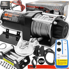Troliu electric auto 12V MaxRom 2500 lbs, cablu de oțel 12 m, cu telecomandă fir și radio pentru ATV, off-road și remorci