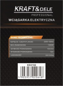 Troliu electric KraftDele KD2192 230V 1350W, capacitate ridicare 500/1000 kg, cu telecomandă și cablu de oțel - Img 12