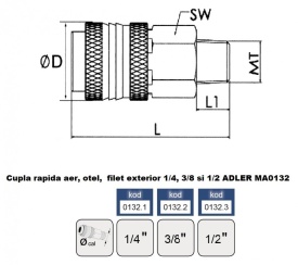 Cupla rapida aer, otel, filet exterior 3/8" MA0132.2 – Kraft&Dele