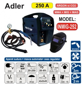 Kit sudura MIG si MMA PROFI 250A Ar/CO2 Masca LCD Reductor gaz ADLER – Kraft&Dele